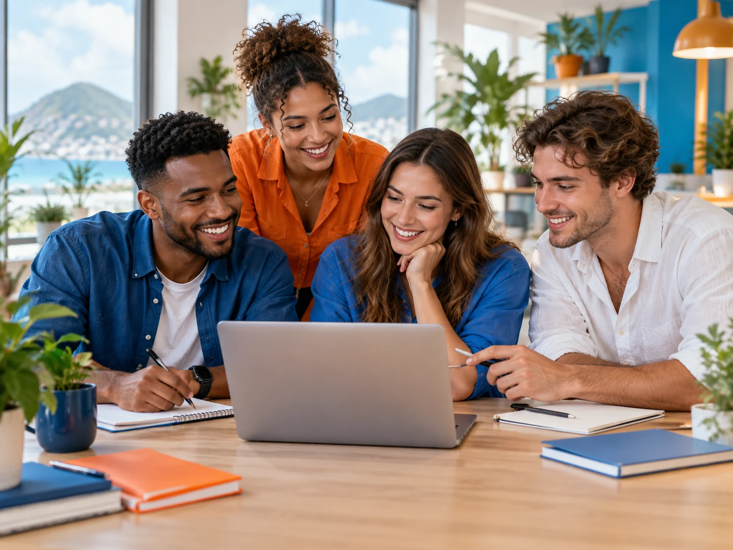 Un groupe de jeunes adultes échange avec enthousiasme autour d’un ordinateur dans un espace de formation lumineux